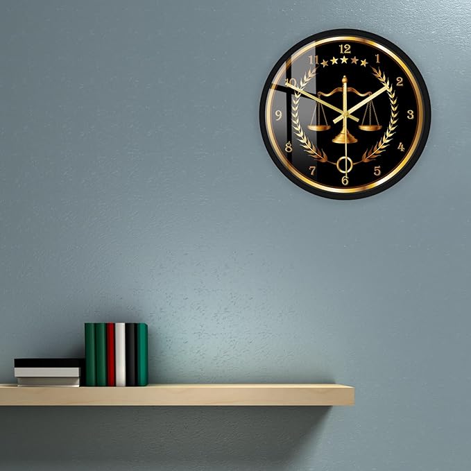 Scale of Justice Metal Frame Round Clock, Battery Operated Quartz Non Ticking Judge Law Black Aluminum Frame Wall Clock for Lawyer Office Decor Law Firm Office School Living Room Wall Art