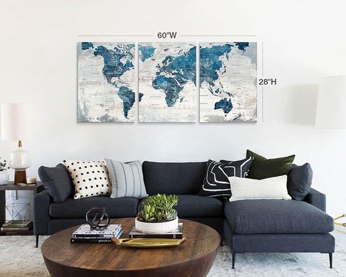 GIFTTWART World Map Office Wall Art Canvas for Living Room Wall Pictures Blue Large Artwork Modern Bedroom Kitchen Dining Room Home Decor