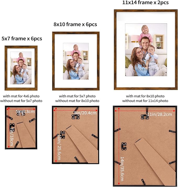 Giftgarden 14 Pack Brown Picture Frames with Mat for Various Sizes Photos, Assorted Matted Frame Set Including Two 11x14, Six 8x10, Six 5x7, Gallery Frame Collage for Wall or Tabletop Display