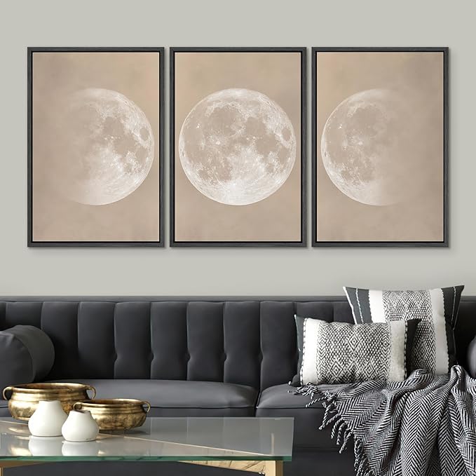 SIGNWIN Framed Canvas Print Wall Art Full Moon Minimalist Beige and Black Toned Lunar Nature Wilderness Modern Art Cool for Living Room, Bedroom, Office - 24"x36"x3 Black