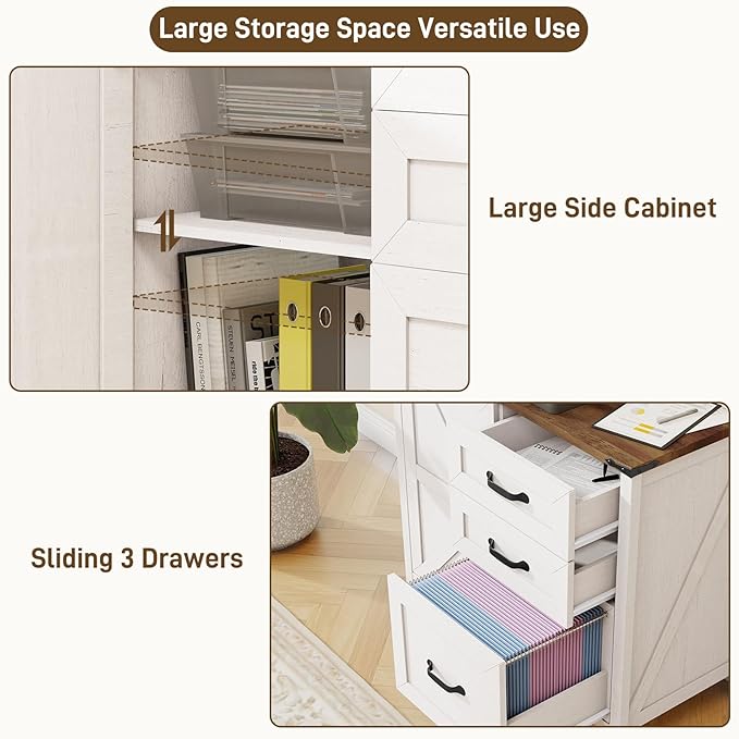 Farmhouse Lateral Filing Cabinet, Lateral File Cabinet with 3 Drawers and Storage Cabinet, Wooden Printer Stand with File Drawer for Letter/A4 Size Hanging File for Home Office, Rustic White