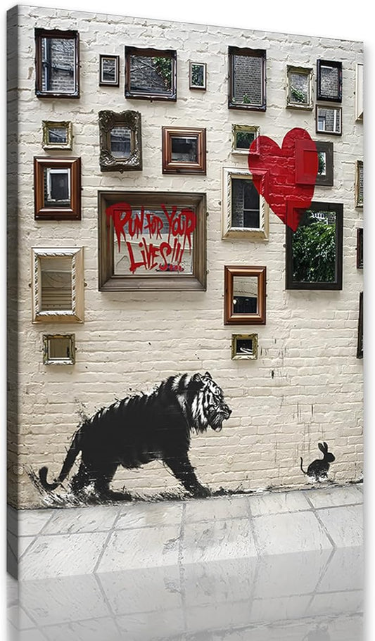 Run for Your Lives Graffiti Inspirational Wall Art Canvas Paintings Tiger Chase Rabbit Poster Artwork Motivational Wall Decor for Office Classroom Living Room Decor Ready to Hang-12x16 inch