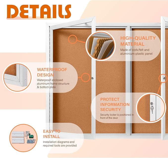 Outdoor Bulletin Board Weatherproof 48x34 in,Enclosed Bulletin Board with Locking Door, Wall Display Case for Office School Home Commercial, Silver Aluminum Frame, Cork