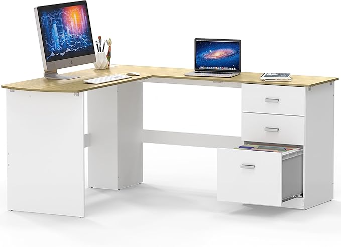 SHW 51 x 59 Inches L-Shaped Home Office Wood Corner Desk with Box Box File Drawers, Oak