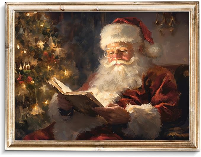 uniro Vintage Christmas Wall Art Santa Reading Book Christmas Oil Painting Printable Art Cottagecore Academia Art Christmas Decor Winter Farmhouse Holiday Wall Decor for Bedroom, Living Room, Gallery, winter Room Decor, Holiday Decoration Gifts( 8" x 1...