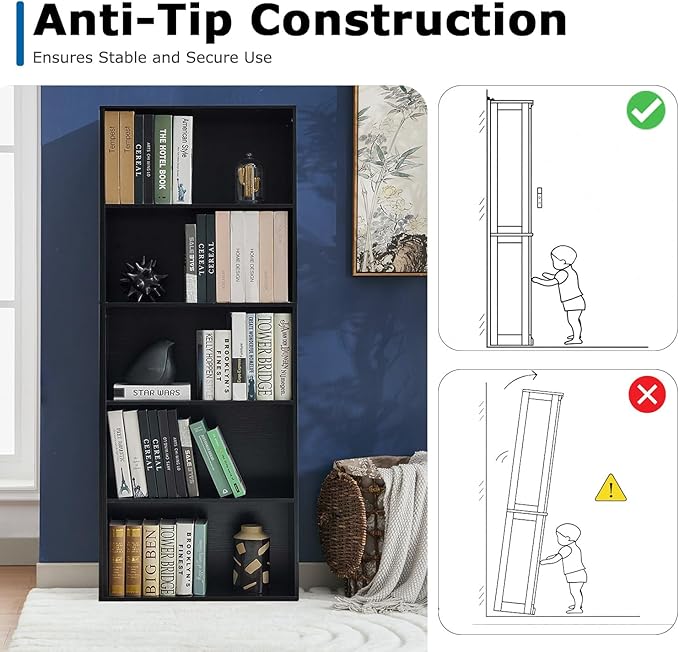 Bookshelves and Bookcases,5-Tier Open Storage Shelf, Floor Standing Display Storage Shelves for Home Office, Living Room, Bedroom, Black