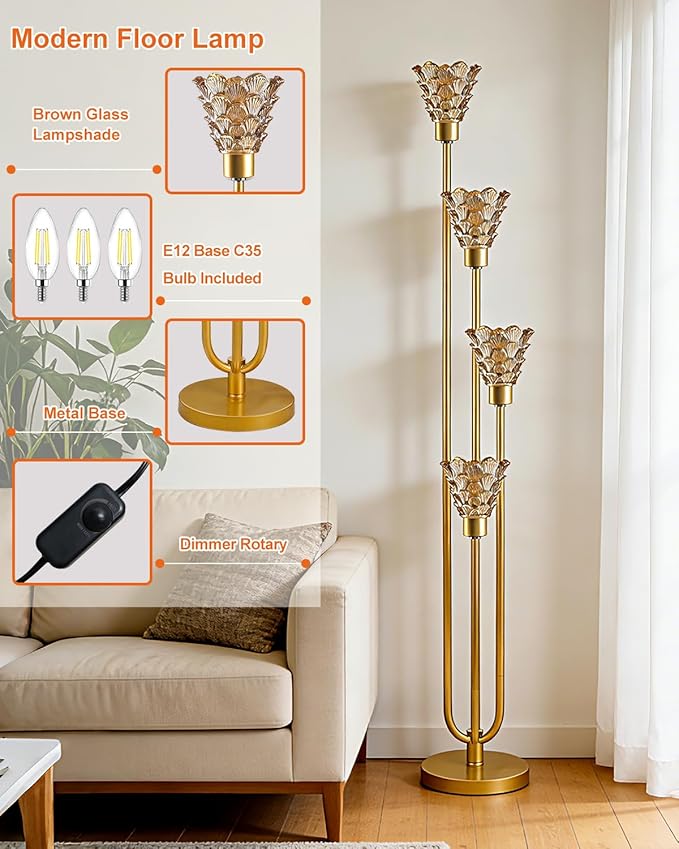 63IN 4-Lights Glass Floor Lamp Modern Dimmable Floor Lamps with Brown Glass Shade& 3000K Soft Warm White Bulbs for Wedding/Party, Gold Tall Standing Lamp for Living Room/Bedroom