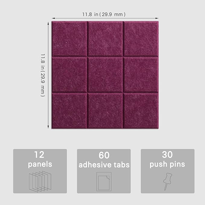 Large Cork Board, 12 Pack Felt Wall Tiles with Safe Removable Adhesive, Bulletin Board for Office, Pin Tack Corkboard for Quilting Design & Dart Wall Protector 48" x 36" - Fuchsia