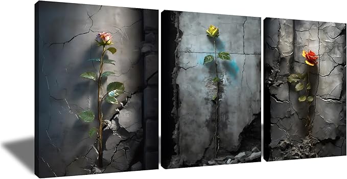 Retro Floral Canvas Wall Art Home Decor Roses in The Cracked Wall 3 Pieces Posters Print Vintage Theme Painting Artwork for Bedroom Bathroom Pictures Decoration Ready to Hang [36''W x 16''H]