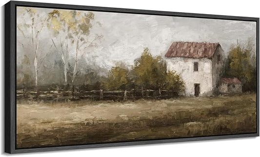 SIGNFORD Extra Large Framed Canvas Rustic Countryside House Landscape Illustrations Modern Art Calm Warm for Living Room, Bedroom, Office - 60"x30"