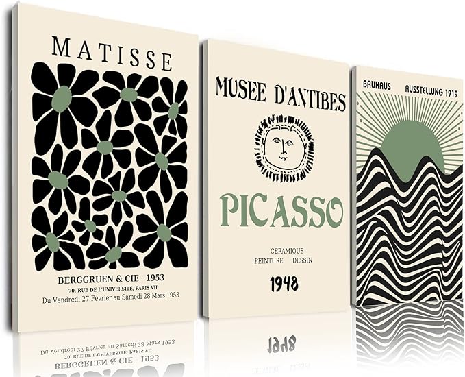 FAEKSUR Sage Green Matisse Wall Art Set of 3, Abstract Art Prints, Framed Geometric Line Sun Rising Green Canvas Artwork, Bedroom, Office