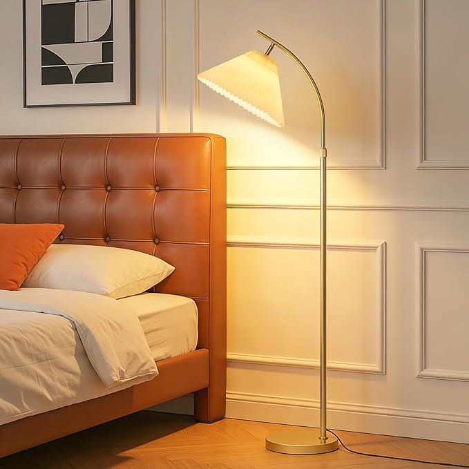 Adjustable Floor Lamp for Living Room, 61"-68" Tall Standing Lamp with Pleated Shade, Modern Gold Floor Lamp with 9W LED Dimmable 3-Color (3000K/4500K/6000K), Reading Corner Lamp for Bedroom Office