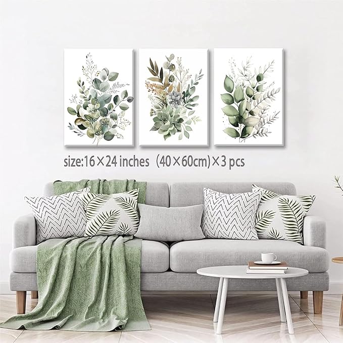 Bwodke Botanical Wall Art Plant Floral Watercolor Canvas Prints Set of 3 Framed Sage Green Painting Eucalyptus Leaf Picture Modern Minimalist Boho Decor Bedroom Bathroom Living Room 16"x24"