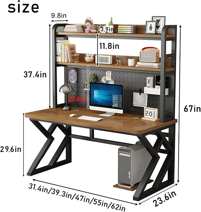 39.3in Gaming Desk with Bookshelf Combo, Computer Desk with Pegboard, Large Writing Table with Desktop Shelves, Ample Leg Room, for Home Office (Brown, 39.3in)
