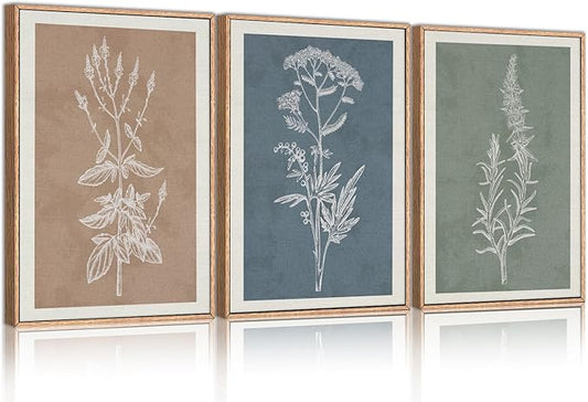HLNIUC Neutral Botanical Framed Wall Art Set, Boho Minimalist Plant Canvas Wall Decor, Vintage Leaf Wall Painting, Nature Floral Silhouette Art Print for Bedroom, Living Room, Study - 16”x24”x3
