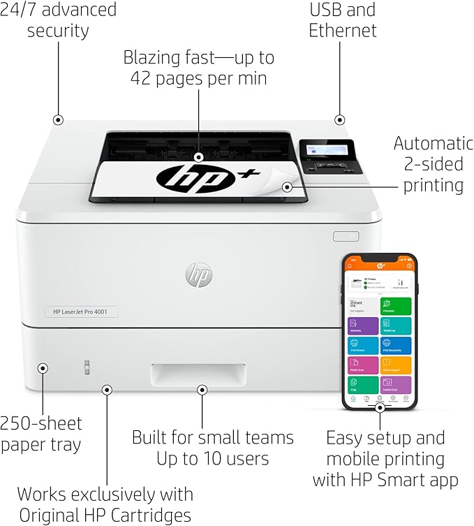 HP LaserJet Pro 4001dne Black & White Printer with HP+ Smart Office Features (Renewed)