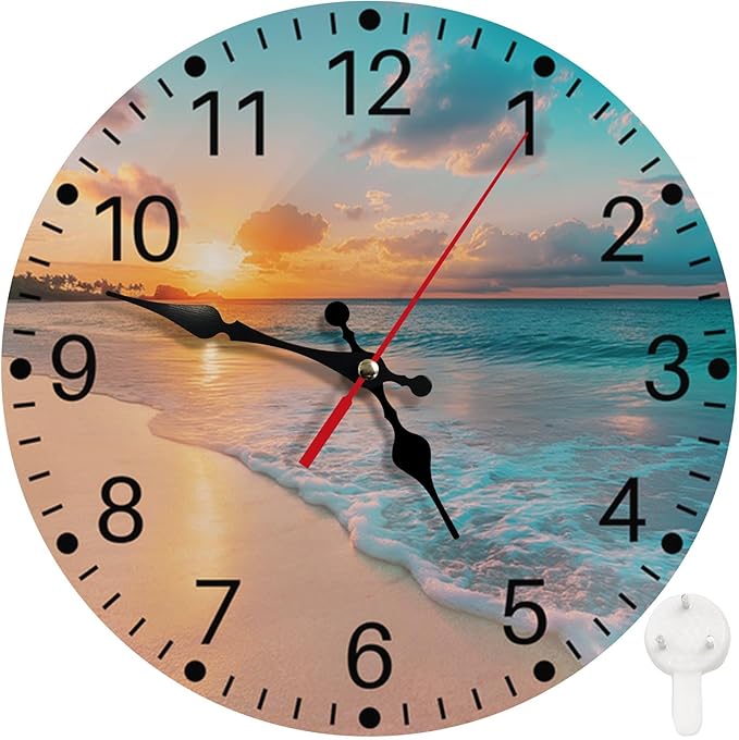 Britimes Round Wall Clock Non-Ticking Silent Battery Operated Clock 12 Inch, Sea Beach Blue Sky Sand Home Decor for Living Room, Kitchen, Bedroom, and Office