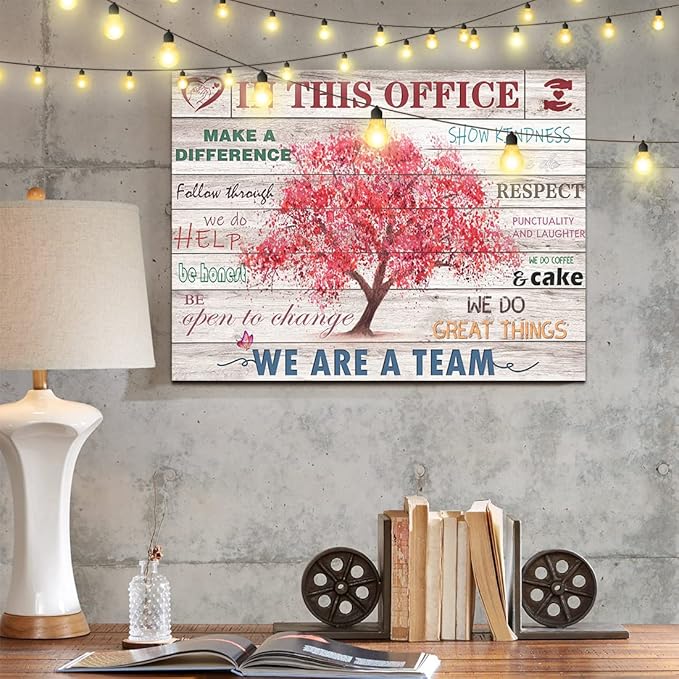 Vintage Office Decor Inspirational Posters Wall Decor Rustic In This Office Inspiring Wall Art Pink Tree Picture Print on Canvas for Home Office Decoration Framed Positive Quotes Gifts 12x16inch