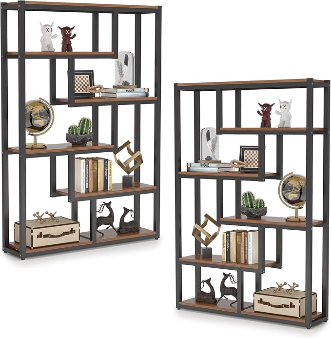 Tribesigns 6-Shelf Industrial Bookshelf Set of 2, Vintage Etagere Bookcase, 69 Inch Tall Storage Display Staggered Shelves with Sturdy Metal Frame for Home Office, Dark Walnut