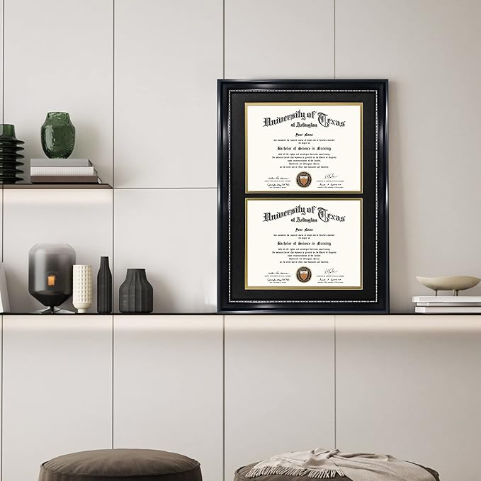 GraduationMall 14x20 Double Diploma Frame, Display 8.5x11 Certificate with Black over Gold Mat,Tempered Glass,Black with Silver Beads