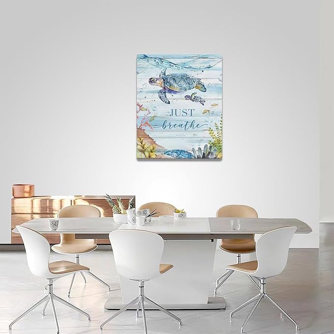 Ocean Sea Turtle Wall Art Nautical Just Breathe Pictures Wall Decor Beach Seaweed Canvas Coastal Painting Modern Artwork Home Decoration for Bathroom Living Room Bedroom Office Framed 16"x20"