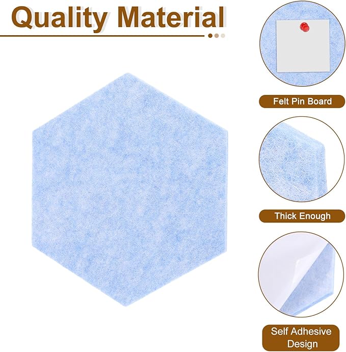 uxcell 6 Pcs Hexagon Felt Pin Board with 40 Pcs Pushpins 8.7" x 7.5" Self Adhesive Felt Bulletin Board Cork Boards for Walls Decorations Paste Notes Photos Schedules, Light Blue