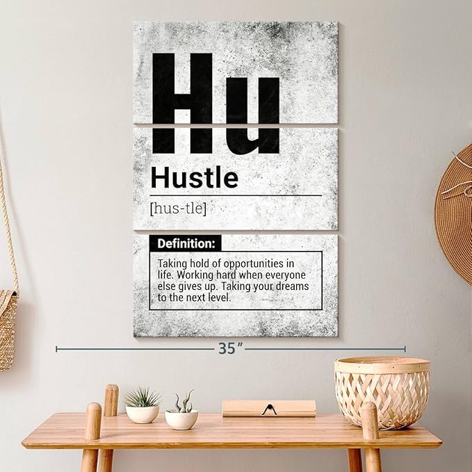 Elephant Stock - Hustle Definition Grunge Wall Art - Vertical Multi Panel Canvas - 3 Piece Living Room Wall Decor - Digital Art Inspirational And Typography Multi Piece Wall Art - Black And Gray Decor - 20" x 32"