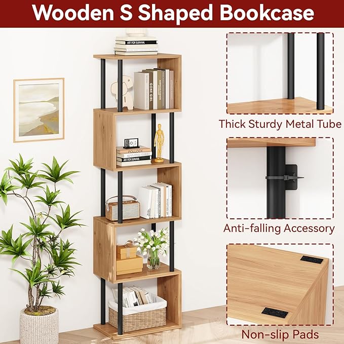 IBUYKE 6-Tier Tall Bookshelf,S-Shaped Geometric Bookcase, Wood Display Shelves with Storage,Modern Bookshelf for Living Room Bedroom, Home Office,Oak WBC016K