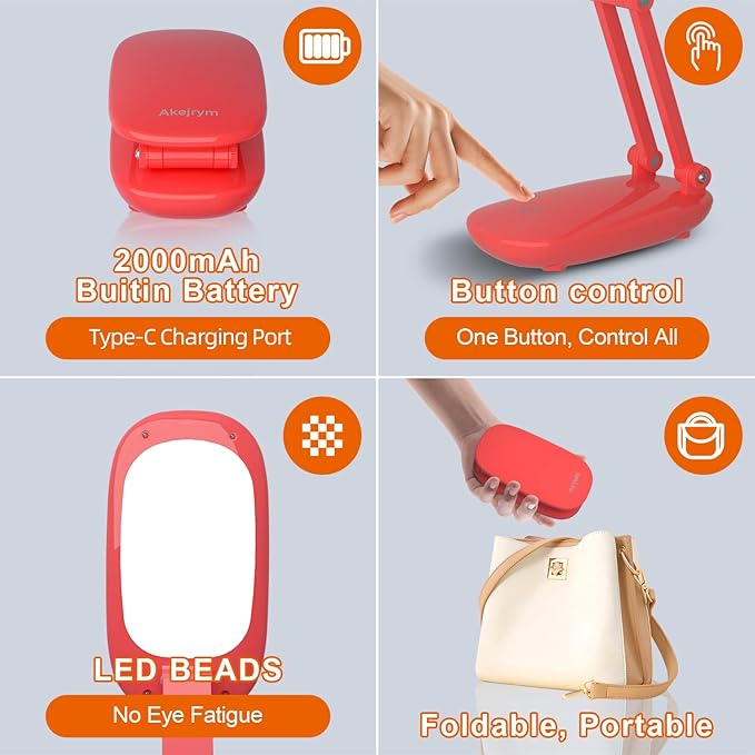 LED Desk Lamp for Office Home & Battery Operated Lamp Rechargeable Lamp Foldable & Portable Light, [2-Fold Bracket] 3 Brightness Dimmable Small Desk Lamp Wireless Reading Lamp (Bright Pink)