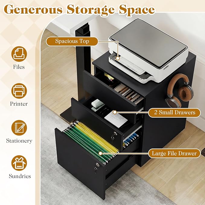LOKO Mobile File Cabinet with 3 Drawers, Wooden Rolling Filing Cabinet with Lock, Under Desk File Organizer for A4/Letter/Legal Size, for Home Office, Study (Black)