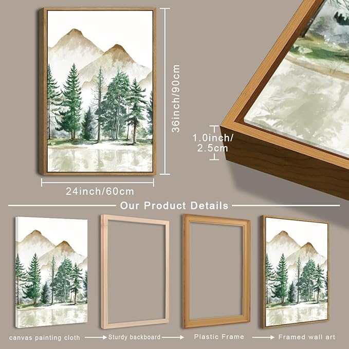 Extra Large Green Forest Mountain Wall Art Watercolor Nature Landscape Framed Wall Decor Boho Pine Tree Painting for Living Room Bedroom Bathroom Office 24x36 Inch Set of 3