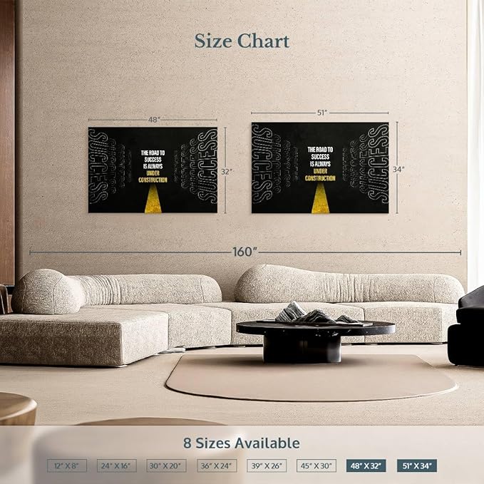 ElephantStock - Work On Your Road To Success Wall Art - Horizontal Canvas Wall Art - Home Office Wall Decor - Digital Art Inspirational And Typography Canvas Art - Black And White Decor - 48" x 32"