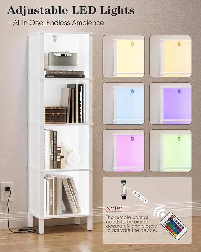 Bookshelf with LED Lights, Modern 4-Tier Bookcase, Open Storage Book Shelf, 11 × 14.2 × 50.4 Inches, Small Narrow Bookshelves for Living Room, Home Office, Bedroom, White
