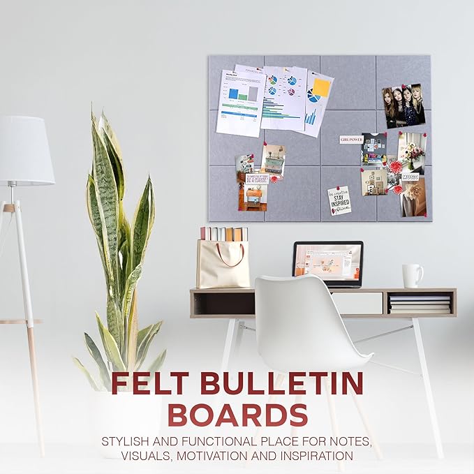 Bulletin Board 40x30in, 12 Count 9.8 x 9.8in Felt Wall Tiles with Removable Adhesive Tape, Cork Board Alternative for Walls, Wall Decor, Kids Art Display, Kids Room (Classic Gray Collection)