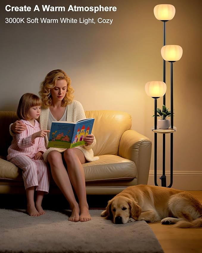 Black Floor Lamp Dimmable Modern Floor Lamps with Pumpkin Lampshade & Table, 3000K Soft Warm White Bulbs Included, 3-Light Tall Standing Lamp for Living Room/Bedroom