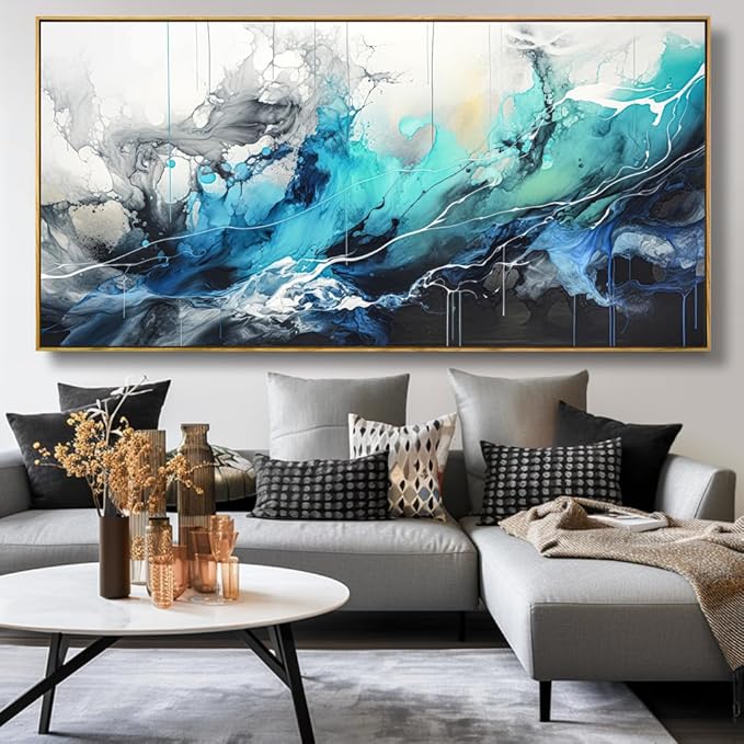 Wall Art Abstract Canvas Painting Teal Blue Modern Artwork for Living Room Bedroom Dining Room Home Office Decor 30"x60" with Framed