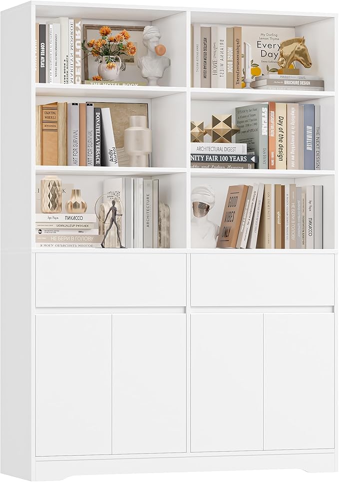 FINETONES 69" White Bookshelf with Doors, 47.2" Double Wide Bookshelves and Bookcases with Storage, Tall Bookshelf Large Open Book Shelf Standing Book Case for Home Office, White