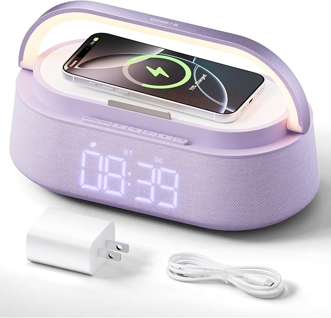 FREEFISH Bluetooth Speaker with Wireless Charger, FM Radio, Dimmer Night Light, Phone Holder, Wireless Charging Speakers for iPhone Samsung, Bedrooms Home Office Gifts