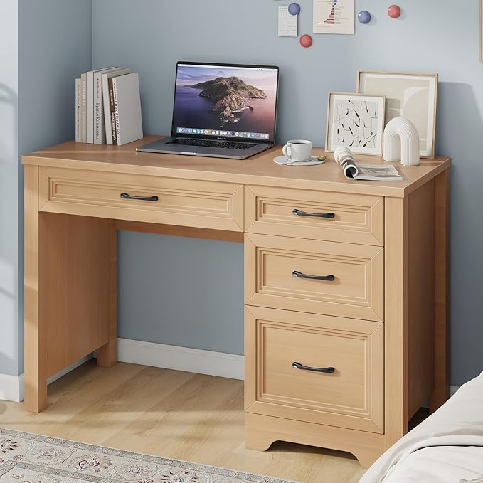 Farmhouse Executive Desk with Drawers, Wood Computer Desk with Ample File Drawer, Rustic Home Office Desk with Storage for Bedroom, Living Room, Natural