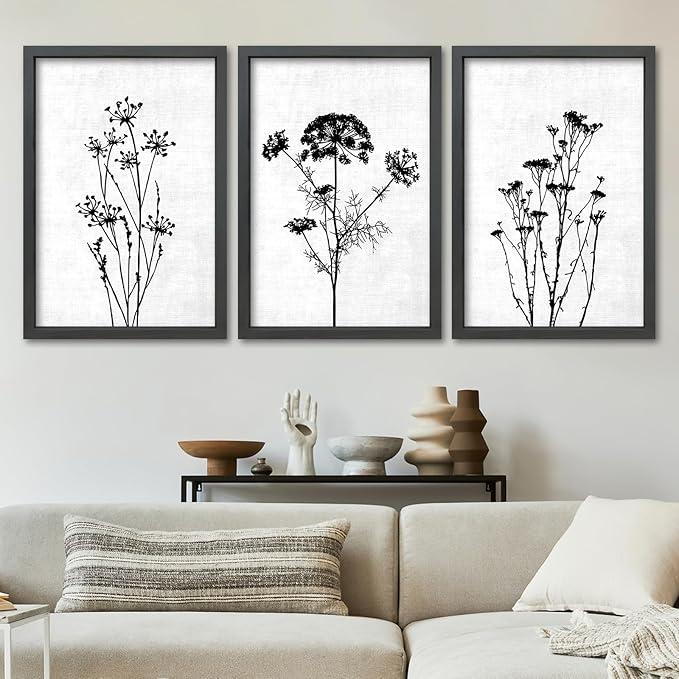 TQianJiang Flower Plant Wall Decor 24"x16" Black And White Botanical Painting Wood Framed Set of 3 Bedroom Office Abstract Wildflower Sign Hanging Art (Black)