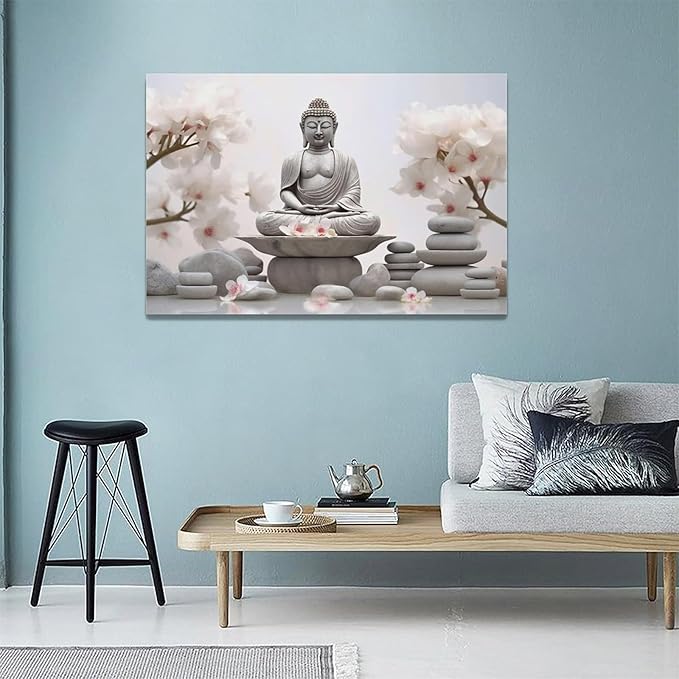 yerretin Buddha Zen Wall Art Buddhist Pictures Wall Decor Blossom Statue Canvas Meditation Painting Modern Artwork Home Decoration for Bathroom Living Room Bedroom Spa Yoga Framed 24"x16"