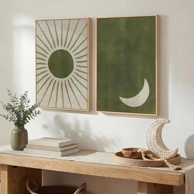 Framed Green Boho Abstract Wall Art Set of 2 for Living Room, Sun and Moon Minimalist Bohemian Canvas Artwork for Walls, Mid Century Modern Painting Print Wall Decor for Bedroom Home Office, 16x24 In