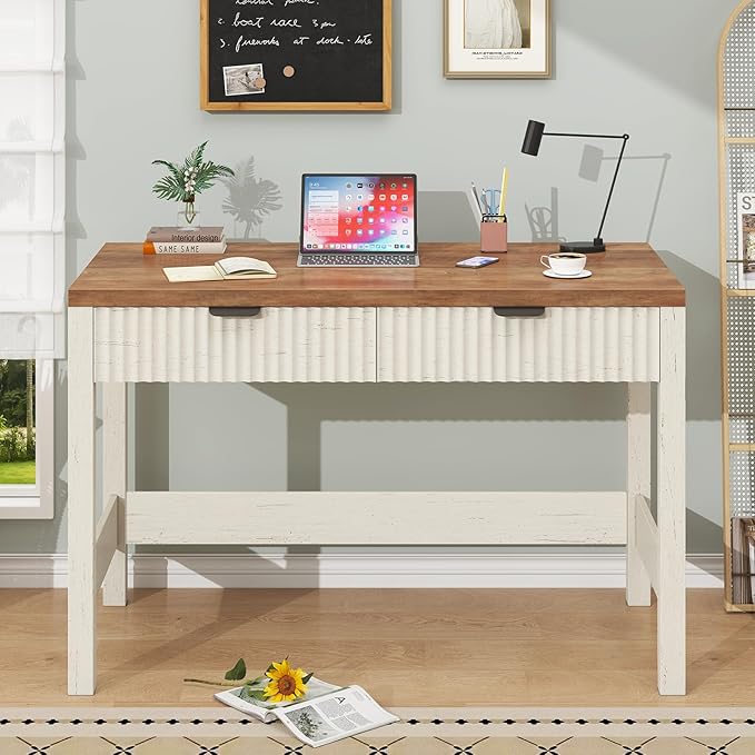 Fluted Computer Desk with 2 Drawers, 39 Inch Small Computer Desk with Storage, Compact Writing Study Vanity Desk for Small Spaces, Antique White