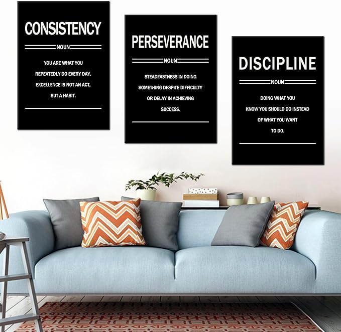 3 Pieces Motivational Posters Wall Decor Perseverance Discipline Consistency Inspirational Office Gym Positive Theme Picture Print for Living Room Workplace Stretched and Framed [60''W x 28''H]