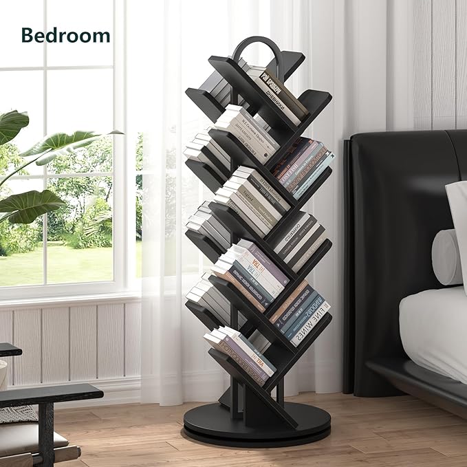TVU 16-Tier Tree Rotating Bookshelf, 360 Degree Spinning Standing Bookcase for Magazines DVDs Books, Corner Bookcase for Living Room Bedroom Study, Black