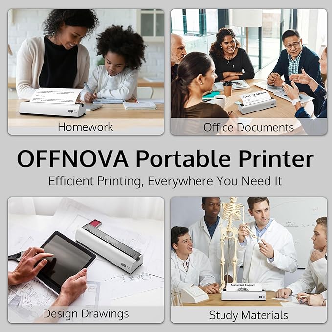 OFFNOVA Portable Printer Wireless for Travel, Thermal Inkless Printer, Support US Letter & A4 Size, Compatible with iOS, Android, Laptop with 1 Roll 8.5" x 11" Thermal Paper, for Mobile Office