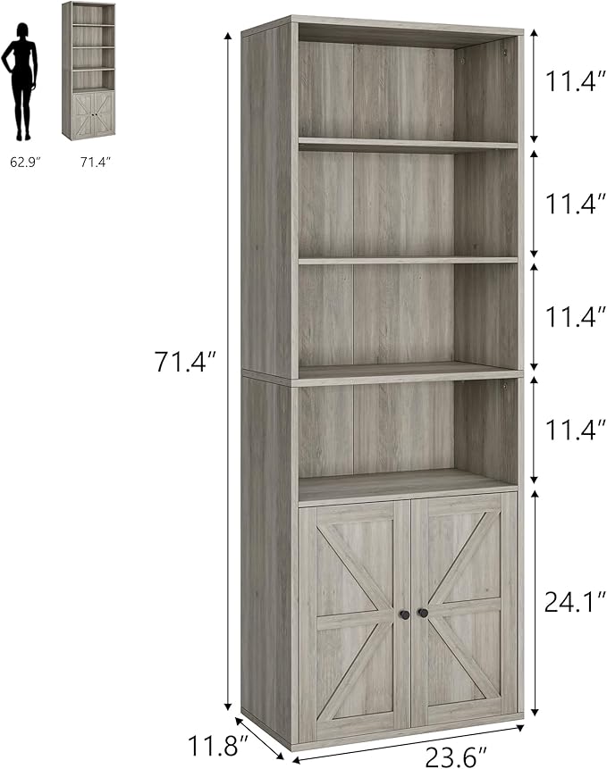 IDEALHOUSE Bookcase with Doors Industrial Bookshelf 11.8in Depth Display Storage Shelves 71.4in Tall Farmhouse Bookcases Wooden 6 Shelf Bookshelvels for Bedroom, Living Room, Home Office, Grey