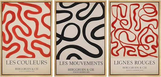 SIGNFORD Framed Wall Art Print Set French Modern Abstract Line Red and Black Curved Shapes Digital Art Modern Art Contemporary for Living Room, Bedroom, Office - 16"x24"x3 NATURAL