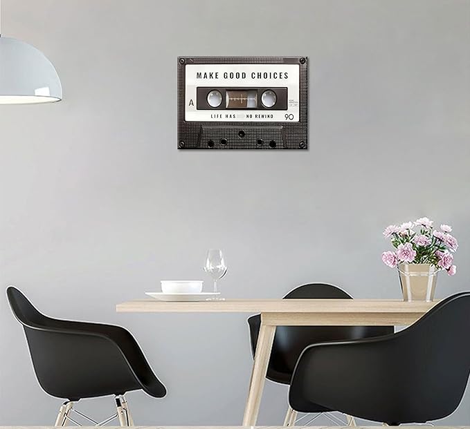 Inspirational Office Canvas Wall Art Picture Vintage Cassett Tape Prints Make Good Choices Life Has No Rewind Inspiring Artwork Motivational Wall Decor for Office Bedroom Living Room 16x24in Framed