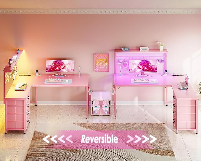 MOTPK 51” Large L Shaped Gaming Desk, Corner Computer Table with Shelf & Hutch, 4 Drawers, Reversible Study Desk with LED Light, Power Outlets & USB Ports, Home Office Table, Carbon Fiber Pink